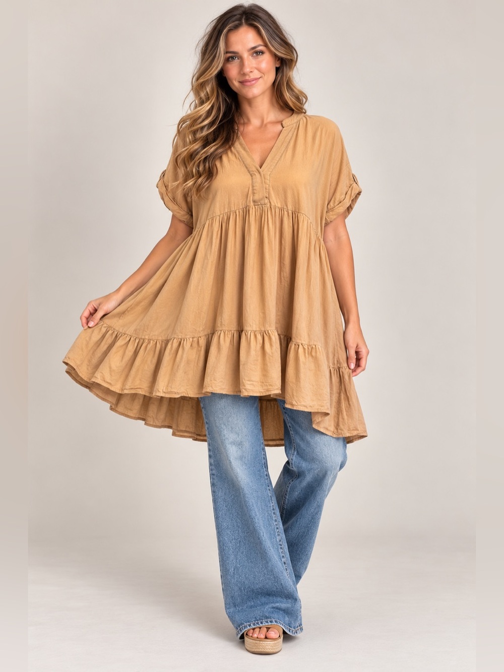 Easel 100% Cotton Tiered Tunic Dress Top Tan Boho Babydoll Size Small